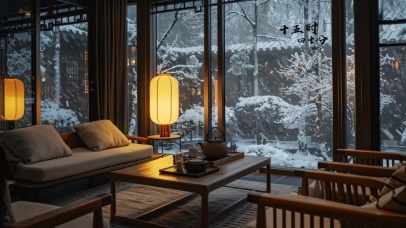庭院风雪中的禅意茶室