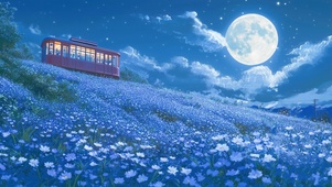 唯美月下花田电车