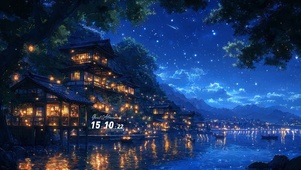 唯美城镇湖畔夜空
