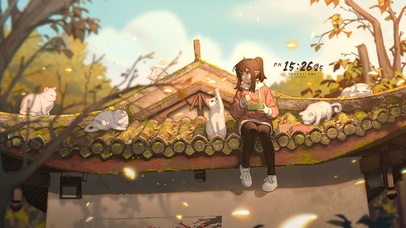 屋檐上猫咪和少女