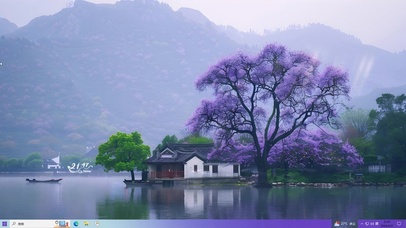 阳光紫藤小屋湖水