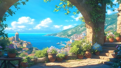 希腊风情小镇远眺海景