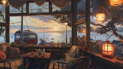 傍晚窗外的电车