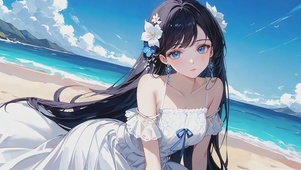 蓝天海边的蓝眼白衣卡通少女4k