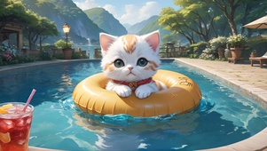 夏日泳池小猫