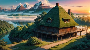 4K唯美治愈夕阳动漫小屋