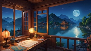 夜晚湖边古风书房