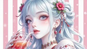 蓝发甜饮少女