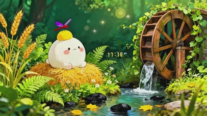 溪畔水车旁的萌团子