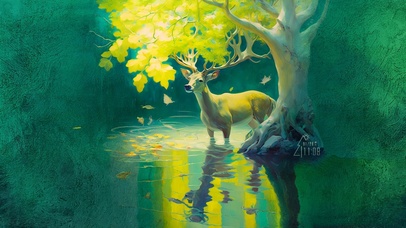 阳光下的银杏和麋鹿（护眼油画）