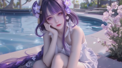 泳池边吊带裙女孩