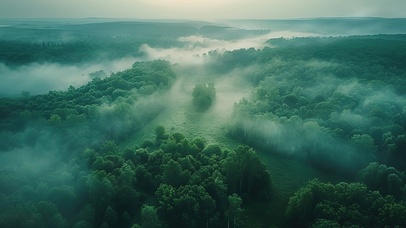 俯瞰清新绿色护眼浓雾森林