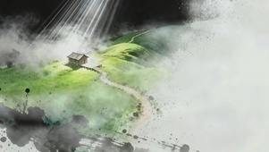 墨色晕染的山径孤屋