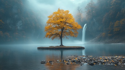 湖岛金树，秋雾飞瀑