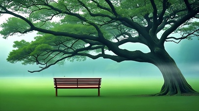 晨雾中的老树与红椅