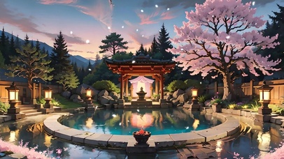 傍晚樱花日式庭院