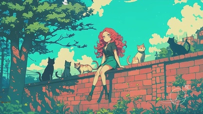 坐在围墙上的女孩与流浪猫