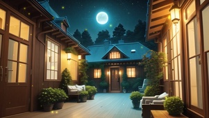 夜晚小屋门外