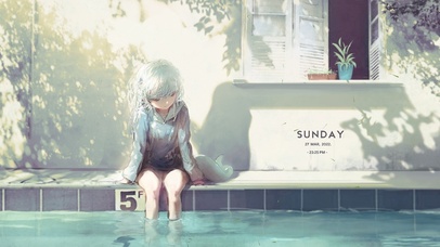 泳池白发少女