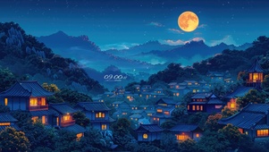 唯美中秋月夜山村