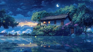 溪边傍晚小屋
