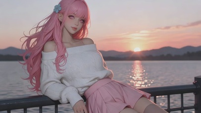 湖畔日落，粉发少女