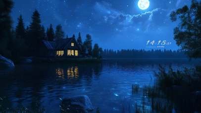 静谧夜晚湖畔房屋