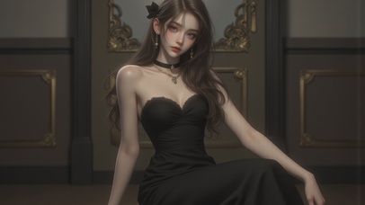 长发黑衣美女模特