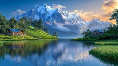 晚霞山脉湖泊小屋