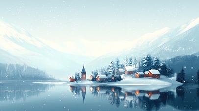 飘雪下的湖中小镇