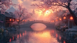 唯美黄昏下的古桥风景