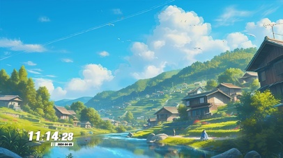 护眼蓝天白云花草树木房屋景色