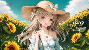 草帽向日葵田少女