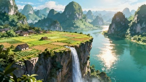 悬崖边的瀑布村庄