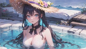 海边泳池草帽少女