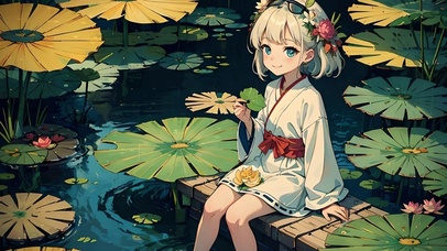 细雨中的荷塘少女