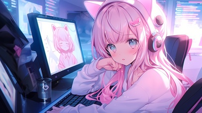 粉发电竞少女	