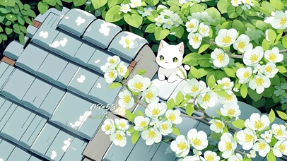 春天屋顶花树下的小猫