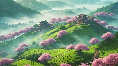 清晨茶田樱花树