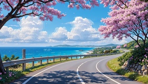 樱花树下海景公路