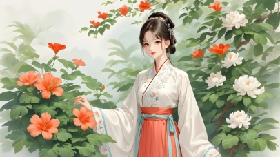 绿色护眼古风美女手绘花朵插画6