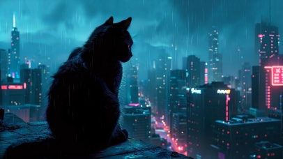雨夜中俯瞰城市夜景的小黑猫