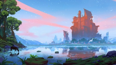 4K 湖边小镇动漫风景