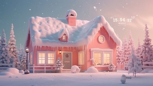 雪天可爱粉色小屋