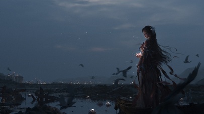 4K唯美古风江边女孩