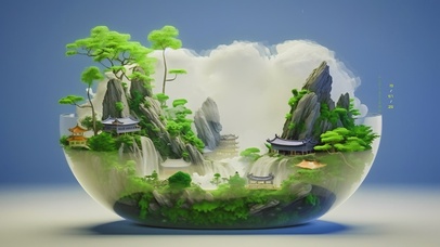 4K绿色国风云雾山川