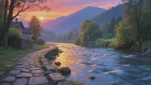 夏日傍晚山水风景