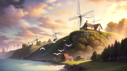 傍晚海边风车小屋