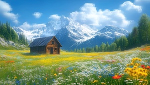 草地鲜花小屋