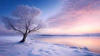 4k雪景湖边晚霞